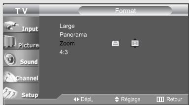 T V Input Picture Sound Channel Setup Format Large Panorama Zoom 4:3 Dépl. Réglage Retour