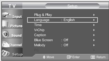 T V Setup Plug & Play Language : English Time V-Chip Caption Blue Screen : Off Melody : Off PC Move Enter Return
