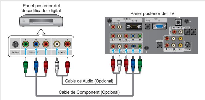 Panel posterior del decodificador digital S-MODEO Y R R L B COMPO AUDIO OUT Panel posterior del TV Cable de Audio (Opcional) Cable de Component (Opcional)