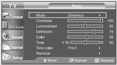 T V Input Picture Sound Channel Setup Modo : Dinámico Contraste 100 Luminosidad 50 Definición 75 Color 55 Tinte V 50 R 50 Tono color : Frio1 Reiniciar Mover Ingresar Regresar