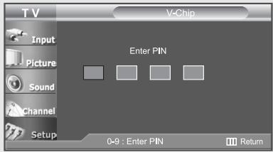 TV V-Chip Input Picture Sound Channel Setup Enter PIN 0-9 : Enter PIN Return