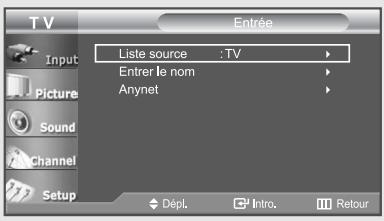 T V Input Picture Sound Channel Setup Liste source :TV Entrer le nom Anynet Dépl. Intro. Retour