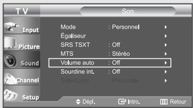 TV Input Picture Sound Channel Setup Mode : Personnel Égaliseur SRS TSXT : Off MTS : Stéréo Volume auto : Off Sourdine int. : Off Select,son : Principale Dépl. Intro. Retour