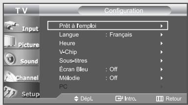 Configuration Prêt à l'emploi Langue : Français Heure V-Chip Sous-titres Écran Bleu : Off Mélodie : Off PC Dépl. Intro. Retour