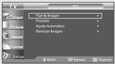 TV PC Input Picture Sound Channel Setup Fijar la Imagen Posición Ajuste Automático Reiniciar Imagen Mover Ingresar Regresar