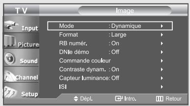 TV Input Picture Sound Channel Setup Mode : Dynamique Format : Large RB numér. : On DNle démo : Off Commande couleur Contraste dynam. : On Capteur luminance: Off ISI Dépl. Intro. Retour
