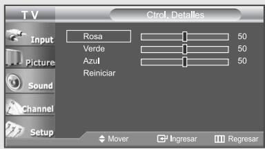 TV Input Picture Sound Channel Setup Ctrl. Detalles Rosa Verde Azul Reiniciar 50 50 50 Mover Ingresar Regresar