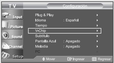 T V Configuración Plug & Play Idioma : Español Tiempo V-Chip Subtítulo Pantalla Azul : Apagado Melodia : Apagado PC Mover Ingresar Regresar