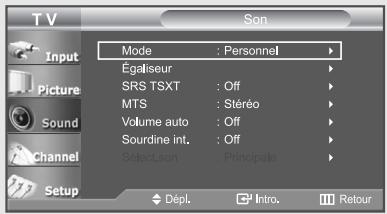 TV Input Picture Sound Channel Setup Mode : Personnel Égaliseur SRS TSXT : Off MTS : Stéréo Volume auto : Off Sourdine int. : Off Select son : Principale Dépl. Intro. Retour