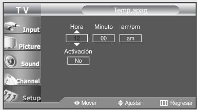 Temp.apag Hora Minuto am/pm 12 00 am Activación No Input Picture Sound Channel Setup Mover Ajustar Regresar