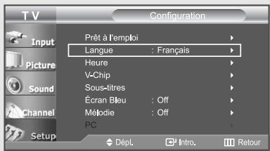 T V Configuration Prêt à l'emploi Langue : Français Heure V-Chip Sous-titres Écran Bleu : Off Mélodie : Off PC Dépl Intro. Retour