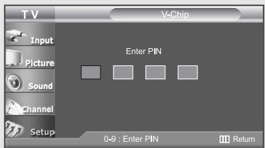 TV V-Chip Input Picture Sound Channel Setup Enter PIN 0-9 : Enter PIN Return