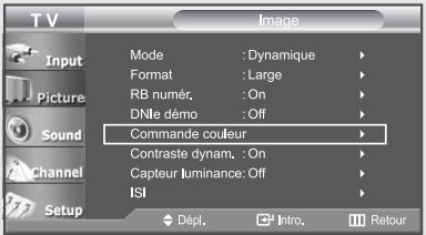 TV Input Picture Sound Channel Setup Mode : Dynamique Format : Large RB numéro : On DNIE demo : Off Commande couleur Contraste dynam. On Capteur luminance: Off ISI Dépl. Intro. Retour