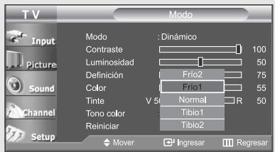 TV Input Picture Sound Channel Setup Mode : Dinámico Contraste 100 Luminosidad 50 Definición Frío2 75 Color Frío1 55 Tinte V 5 Normal R 50 Tono color Tibio1 Reiniciar Tibio2 Mover Ingresar Regresar