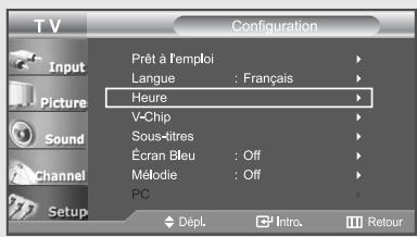 T V Configuration Prêt à l'emploi Langue : Français Heure V-Chip Sous-titres Écran Bleu : Off Mélodie : Off PC Dépl. Intro. Retour