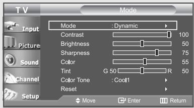 TV Mode Input Picture Sound Channel Setup Mode : Dynamic Contrast 100 Brightness 50 Sharpness 75 Color 55 Tint G 50 R 50 Color Tone : Cool1 Reset Move Enter Return