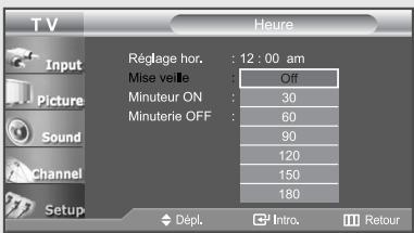 T V Heure Input Picture Sound Channel Setup Réglage hor. : 12 : 00 am Mise veille : Off Minuteur ON : 30 Minuterie OFF : 60 90 120 150 180 Dépl. Intro. Retour