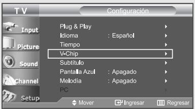 T V Configuración Plug & Play Idioma : Español Tiempo V-Chip Subtítulo Pantalla Azul : Apagado Melodia : Apagado PC Mover Ingresar Regresar