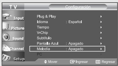 T V Configuración Plug & Play Idioma : Español Tiempo V-Chip Subtítulo Pantalla Azul : Apagado Metodia : Apagado PC Mover Ingresar Regresar