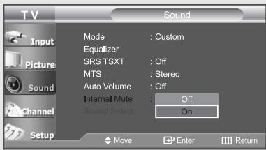 TV Input Picture Sound Channel Setup Mode : Custom Equalizer SRS TSXT : Off MTS : Stereo Auto Volume : Off Internal Mute : Off Sound Select : On Move Enter Return