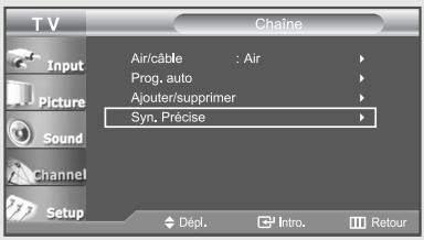 T V Input Picture Sound Channel Setup Air/câble : Air Prog. auto Ajouter/supprimer Syn. Précise Dépl. Intro. Retour