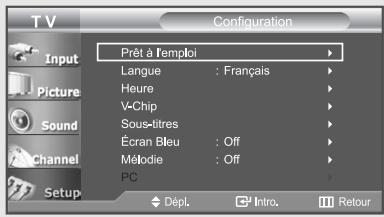T V Configuration Input Picture Sound Channel Setup Prêt à l'emploi Langue : Français Heure V-Chip Sous-titres Écran Bleu : Off Mélodie : Off PC Dépl. Intro. Retour