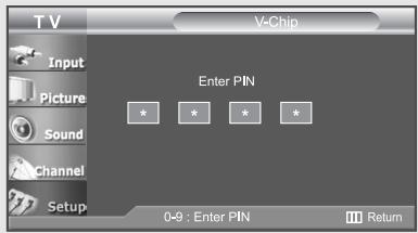 T V V-Chip Input Picture Sound Channel Setup Enter PIN * * * * 0-9 : Enter PIN Return