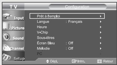 T V Configuration Prêt à l'emploi Langue : Français Heure V-Chip Sous-litres Écran Bleu : Off Mélodie : Off PC Dépl. Intro. Retour