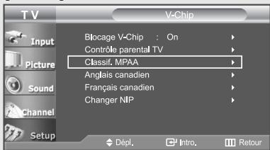 T V Input Picture Sound Channel Setup V-Chip Blocage V-Chip : On Contrôle parental TV Classif. MPAA Anglais canadien Français canadien Changer NIP Dépl. Intro. Retour