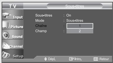 TV Input Picture Sound Channel Setup Sous-titres Sous-titres : On Mode : Sous-titres Chaine : 1 Champ : 2 Dépl. Intro Retour
