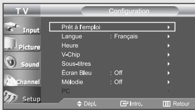 Configuration Prêt à l'emploi Langue : Français Heure V-Chip Sous-litres Ecran Bleu : Off Mélodie : Off PC Dépl. Intro. Retour