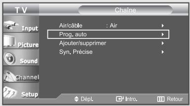 TV Chaine Air/cable : Air Prog. auto Ajouter/supprimer Syn. Précise Dépl. Intro. Retour