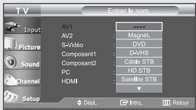TV Input Picture Sound Channel Setup AV1 AV2 S-Video Composant1 Composant2 PC HDMI ---- Magnét. DVD D-VHS Cable STB HD STB Satellite STB Dépl. Intro. Retour