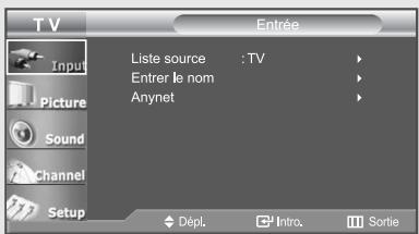TV Input Picture Sound Channel Setup Liste source : TV Entrer le nom Anynet Dépl. Intro. Sortie