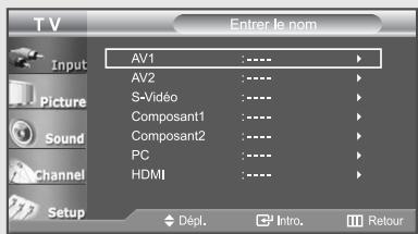T V Enter le nom Input Picture Sound Channel Setup AV1 :---- AV2 :---- S-Video :---- Composant1 :---- Composant2 :---- PC :---- HDMI :---- Dépl. Intro. Retour