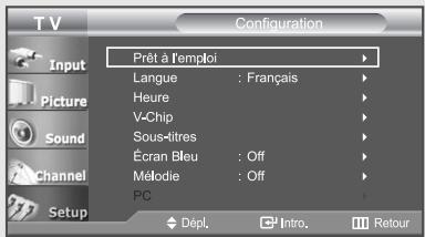 Configuration Prêt à l'emploi Langue : Français Heure V-Chip Sous-titres Écran Bleu : Off Mélodie : Off PC Dépl. Intro. Retour