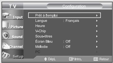 Configuration Prêt à l'emploi Langue : Français Heure V-Chip Sous-titres Écran Bleu : Off Mélodie : Off PC Dépl. Intro. Retour