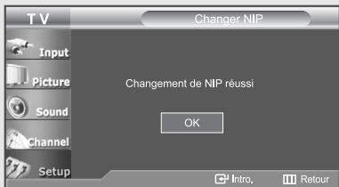 T V Input Picture Sound Channel Setup Changer NIP Changement de NIP réussi OK Intro. Retour
