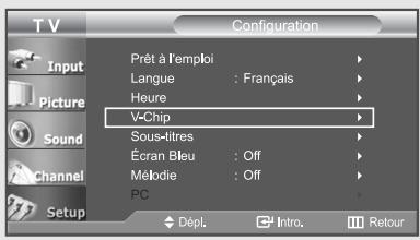 TV Configuration Input Picture Sound Channel Setup Prêt à l'emploi Langue : Français Heure V-Chip Sous-titres Écran Bleu : Off Mélodie : Off PC Dépl. Intro. Retour