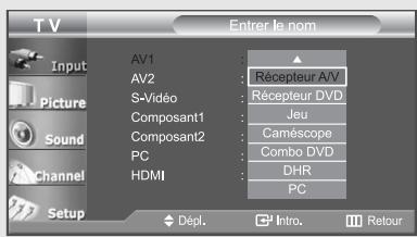 T V Input Picture Sound Channel Setup Av1 AV2 S-Video Composant1 Composant2 PC HDMI Entrer le nom Récepteur A/V Récepteur DVD Jeu Caméscope Combo DVD DHR PC Dépl. Intro. Retour