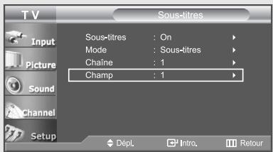 TV Input Picture Sound Channel Setup Sous-titres : On Mode : Sous-titres Chaine : 1 Champ : 1 Dépl. Intro. Retour