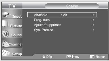 TV Chaine Air/cable : Air Prog. auto Ajouter/supprimer Syn. Précise Input Picture Sound Channel Setup Dépl. Intro. Retour