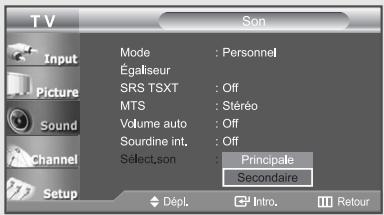 TV Input Picture Sound Channel Setup Mode : Personnel Égaliseur SRS TSXT : Off MTS : Stéréo Volume auto : Off Sourdine int. : Off Sélect.son : Principale Secondaire Dépl. Intro. Retour