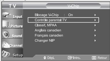 TV Input Picture Sound Channel Setup Blocage V-Chip : On Controle parental TV Classif, MPAA Anglais canadien Français canadien Changer NIP Dépl. Intro. Retour