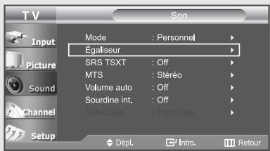 TV Input Picture Sound Channel Setup Mode : Personnel Égaliseur SRS TSXT : Off MTS : Stéréo Volume auto : Off Sourdine int. : Off Select.son : Principale Dépl. Intra. Retour