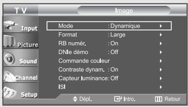 TV Input Picture Sound Channel Setup Mode : Dynamique Format : Large RB numér. : On DNlè demo : Off Commande couleur Contraste dynam. : On Capteur luminance: Off ISI Dépl. Intro. Retour