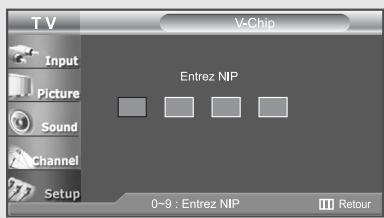 T V V-Chip Input Picture Sound Channel Setup Entrez NIP 0~9 : Entrez NIP Retour