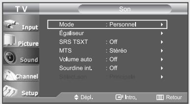 TV Input Picture Sound Channel Setup Mode : Personnel Égaliseur SRS TSXT : Off MTS : Stéréo Volume auto : Off Sourdine int. : Off Select.son : Principale Dépl. Intro Retour