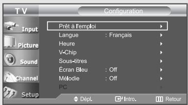 Configuration Prêt à l'emploi Langue : Français Heure V-Chip Sous-Itres Écran Bleu : Off Mélodie : Off PC Dépl. Intro. Retour