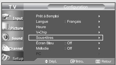 T V Configuration Input Picture Sound Channel Setup Prêt à l'emploi Langue : Français Heure V-Chip Sous-ditres Écran Bleu : Off Méloïde : Off PC Dépl. Intro. Retour